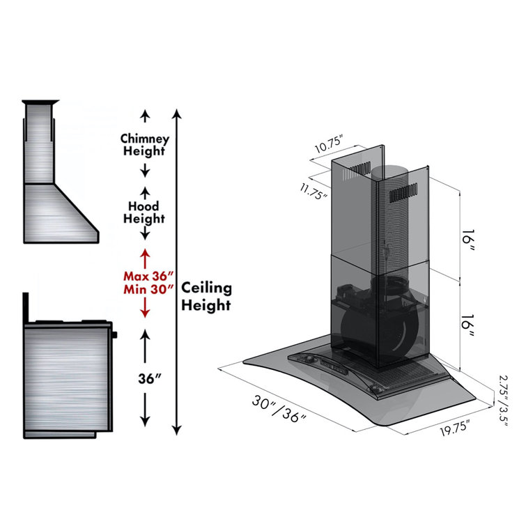 30" Stainless Steel Convertible Wall Mount Range Hood with Glass Canopy