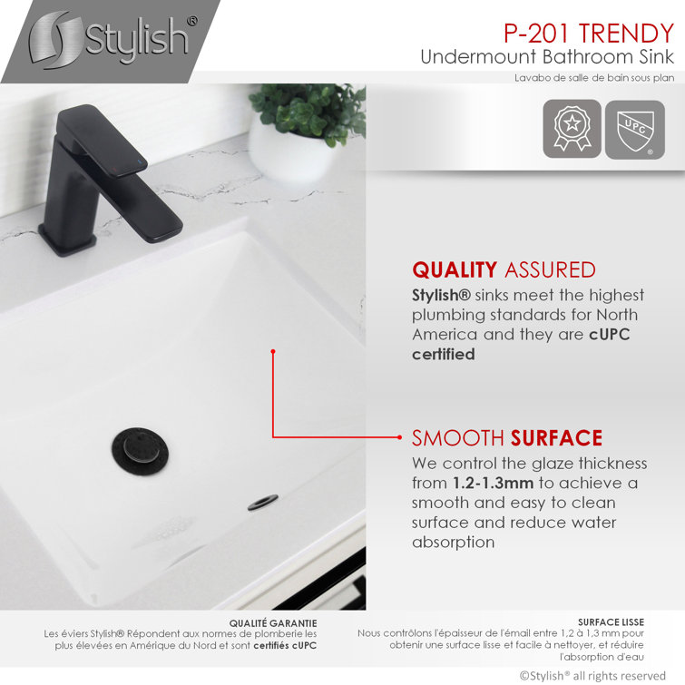 Elegant White 18" Rectangular Ceramic Undermount Bathroom Sink