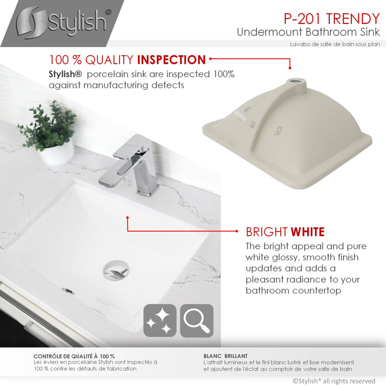 Elegant White 18" Rectangular Ceramic Undermount Bathroom Sink