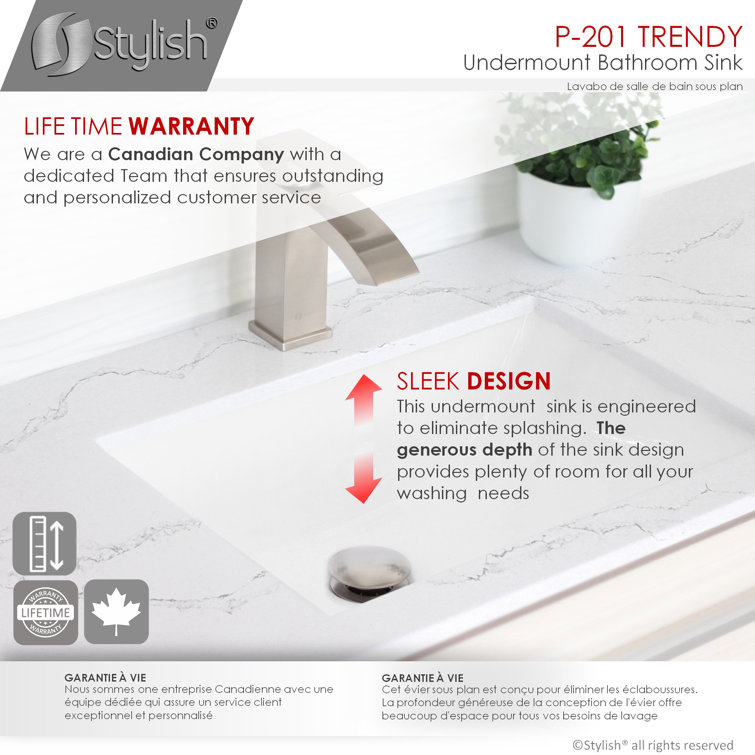 Elegant White 18" Rectangular Ceramic Undermount Bathroom Sink