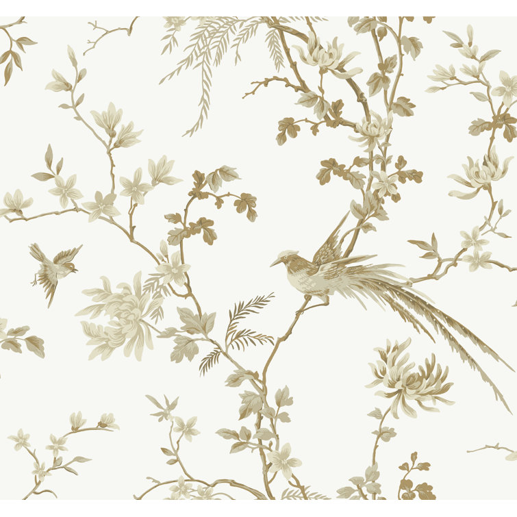 White and Gold Bird and Blossom Chinoiserie Wallpaper