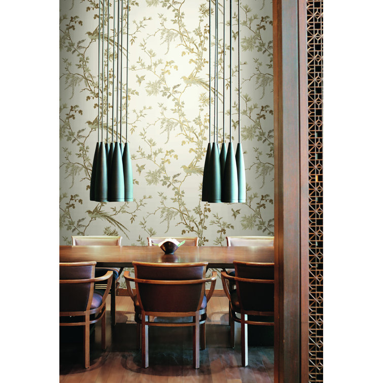 White and Gold Bird and Blossom Chinoiserie Wallpaper