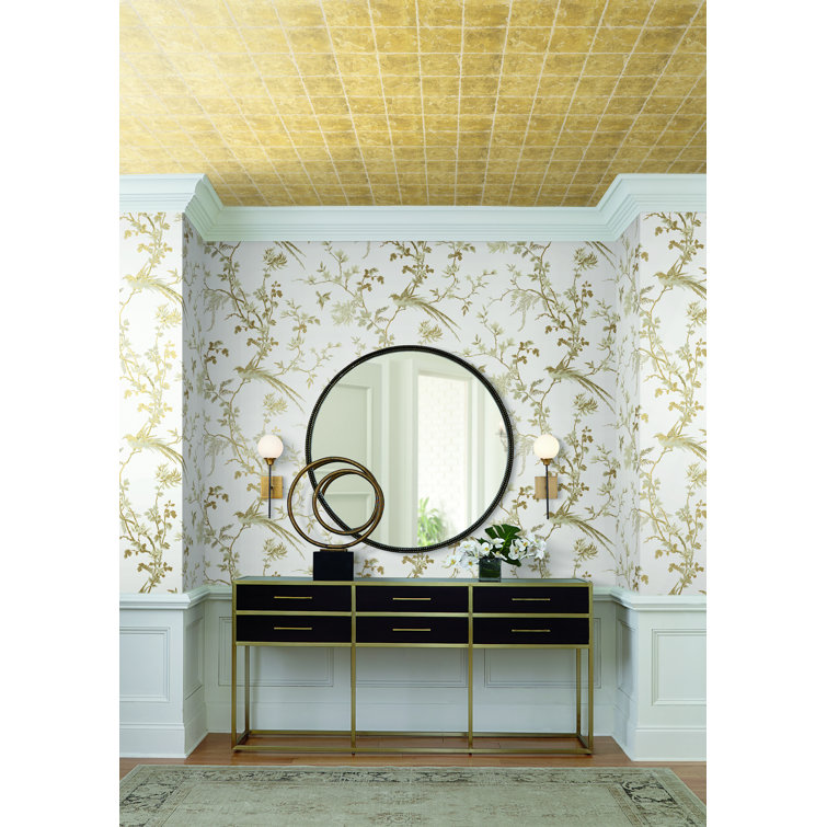 White and Gold Bird and Blossom Chinoiserie Wallpaper