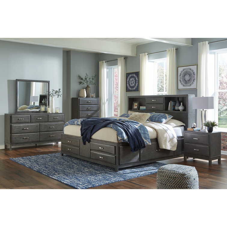 Caitbrook Contemporary Gray Wood King/California King Bookcase Bed with 8 Drawers