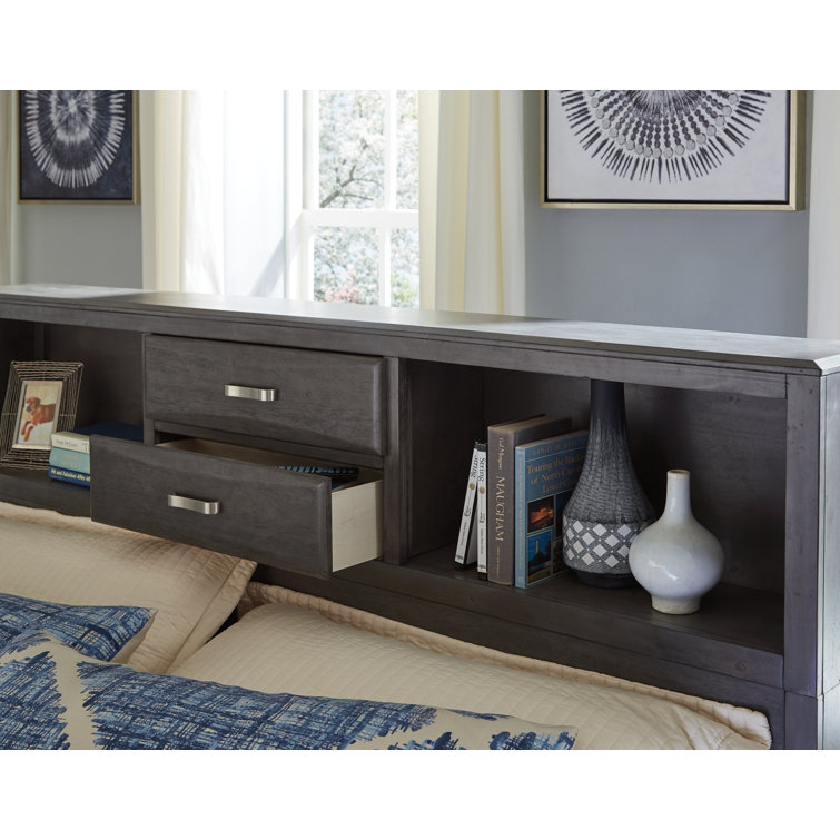 Caitbrook Contemporary Gray Wood King/California King Bookcase Bed with 8 Drawers