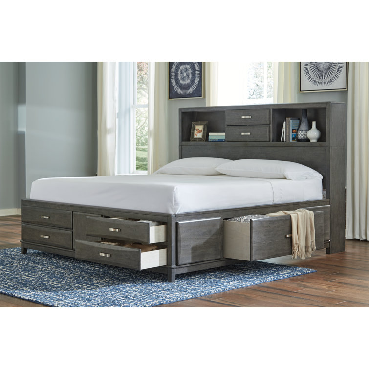 Caitbrook Contemporary Gray Wood King/California King Bookcase Bed with 8 Drawers