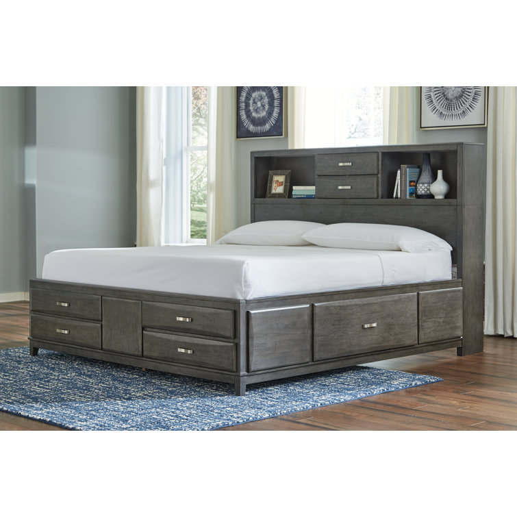 Caitbrook Contemporary Gray Wood King/California King Bookcase Bed with 8 Drawers