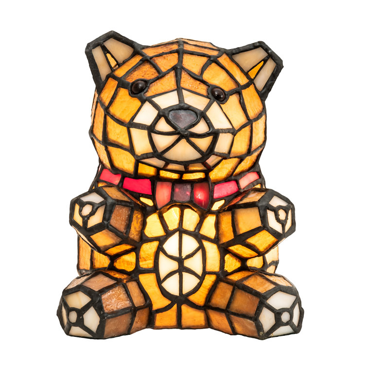 7" Mauve and Coral Stained Glass Teddy Bear Accent Lamp