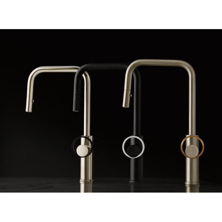 Matte Black Brass Pull-Down Kitchen Faucet with C-Spout