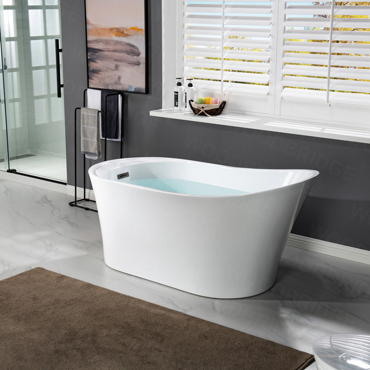 67" White Acrylic Freestanding Single Slipper Bathtub with Matte Black Trim