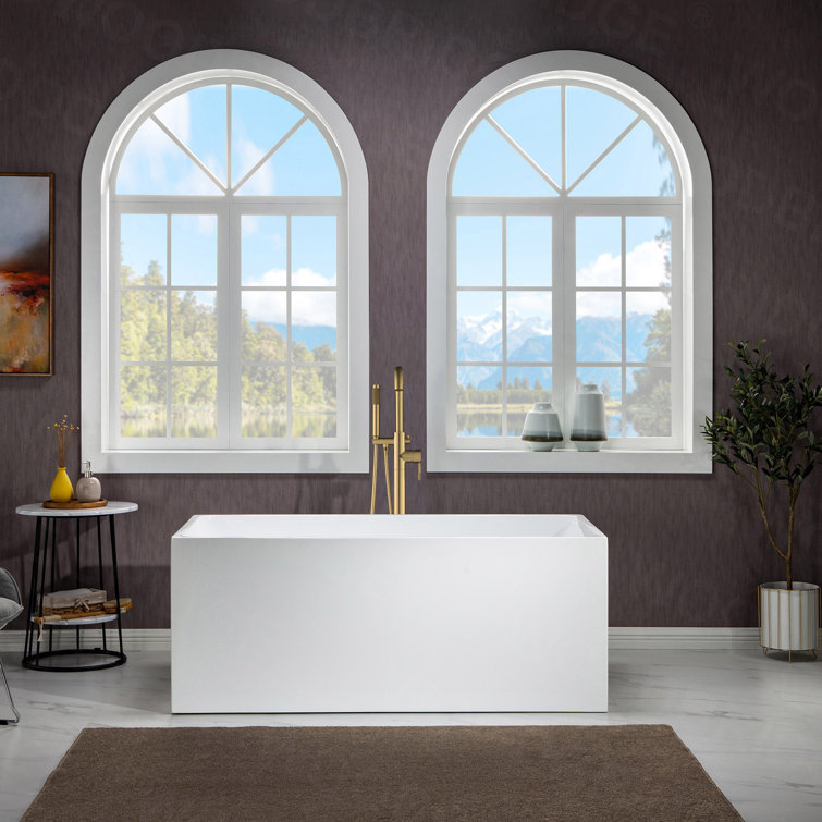 67" White Acrylic Freestanding Rectangular Bathtub with Brushed Gold Trim