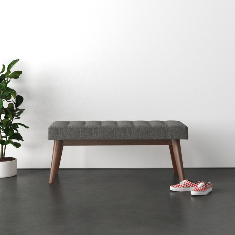 Lucca Mid-Century Button-Tufted Bench in Dark Grey and Walnut