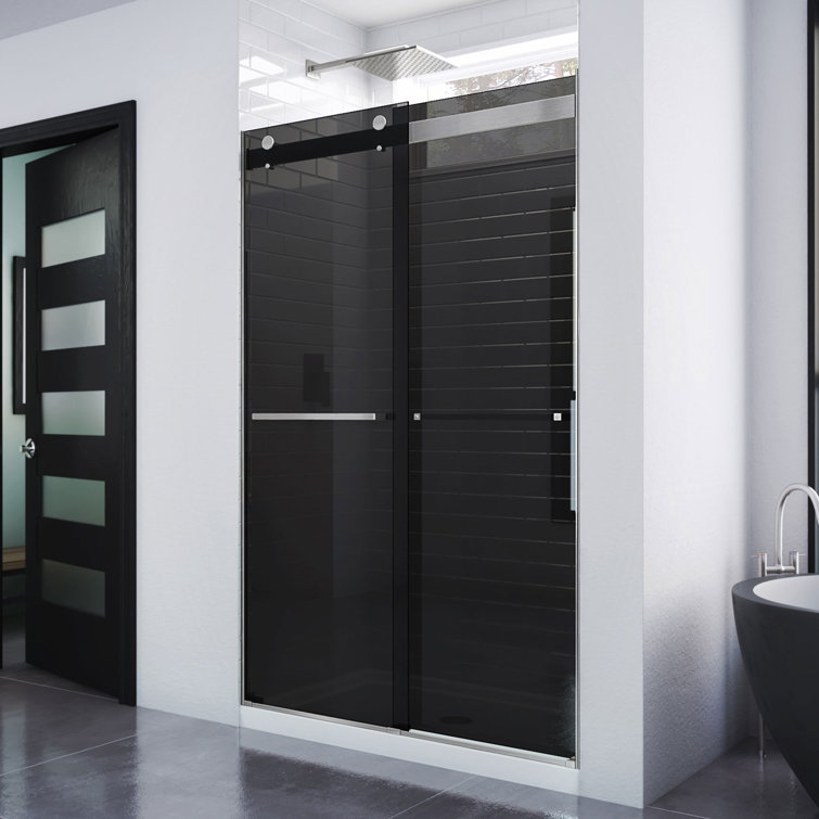 Essence Frameless Smoke Gray Glass Sliding Shower Door with Brushed Nickel Hardware