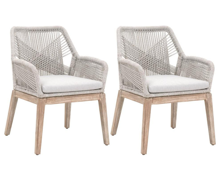 Coastal Elegance Woven Rope Back Metal Armchair with Teak Legs, Gray and Brown