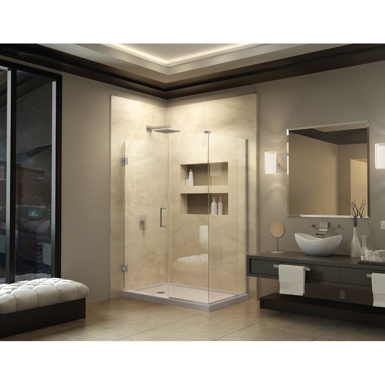 Unidoor Plus Frameless Clear Glass Hinged Shower Enclosure with Distressed Bronze Hardware