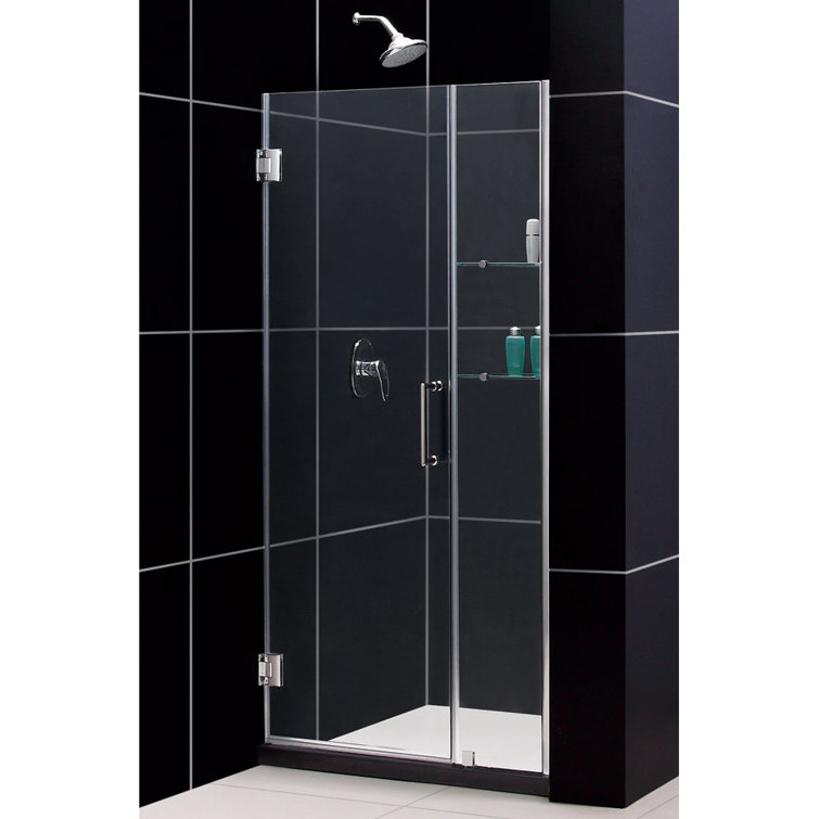 Unidoor Frameless Hinged Shower Door with Clear Glass and Chrome Finish