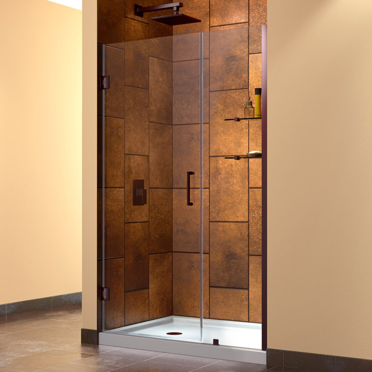 Unidoor 42" Black Frameless Hinged Shower Door with Clear Glass