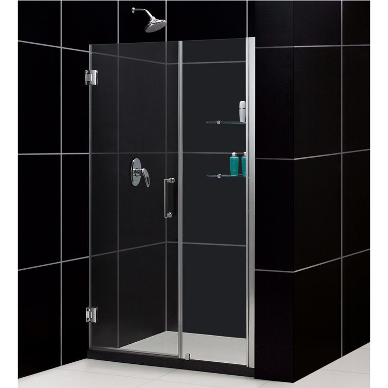 Unidoor Frameless Hinged Shower Door with Clear Glass and Chrome Finish