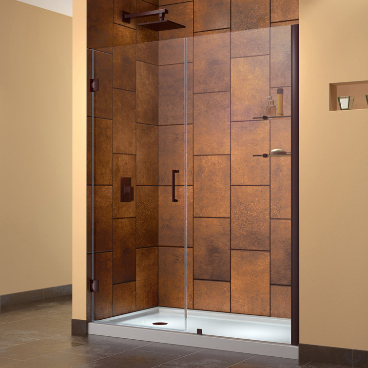Unidoor 42" Black Frameless Hinged Shower Door with Clear Glass