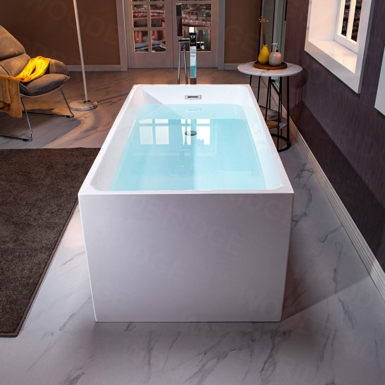 59" White Acrylic Freestanding Rectangular Soaking Bathtub
