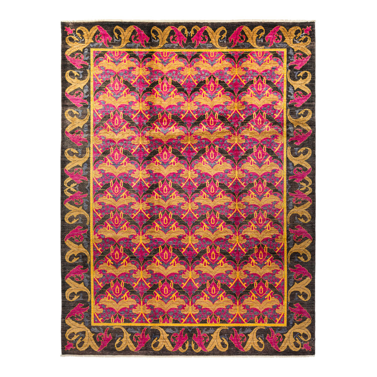 Large Black Hand-Knotted Wool Bohemian Area Rug with Fringe