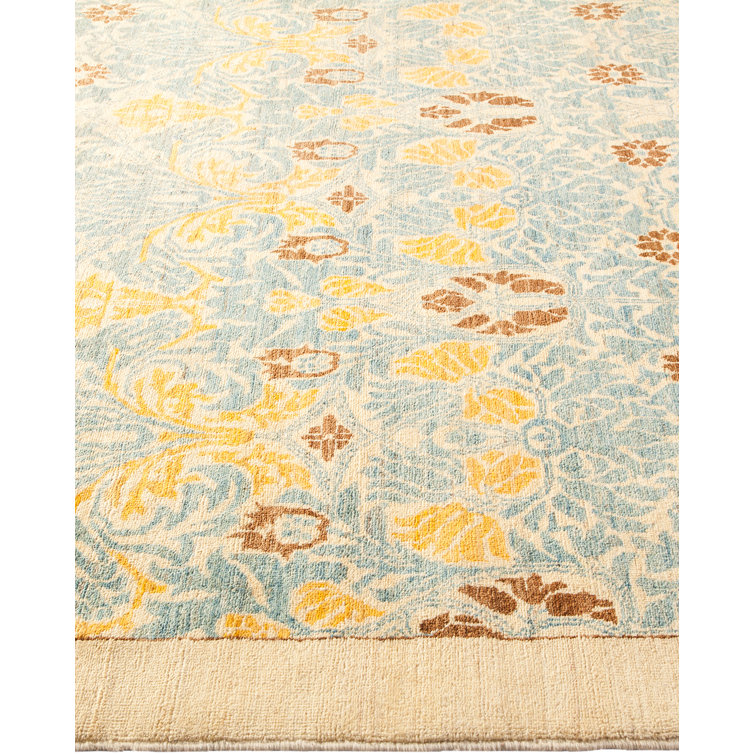 Ivory and Blue Hand-Knotted Wool Damask Area Rug