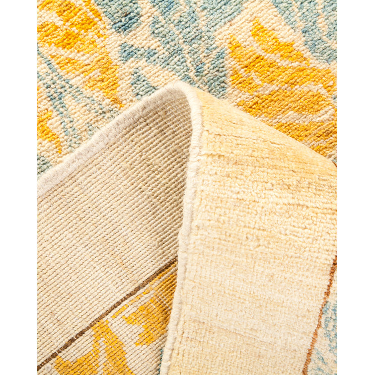 Ivory and Blue Hand-Knotted Wool Damask Area Rug