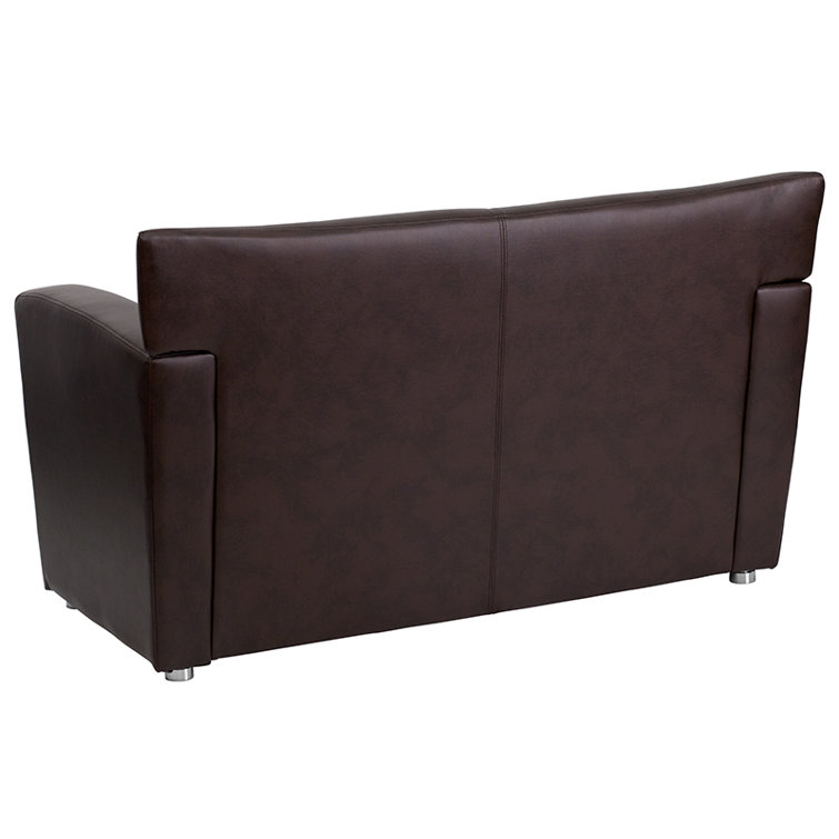 Modern Brown Faux Leather Loveseat with Flared Wooden Arms