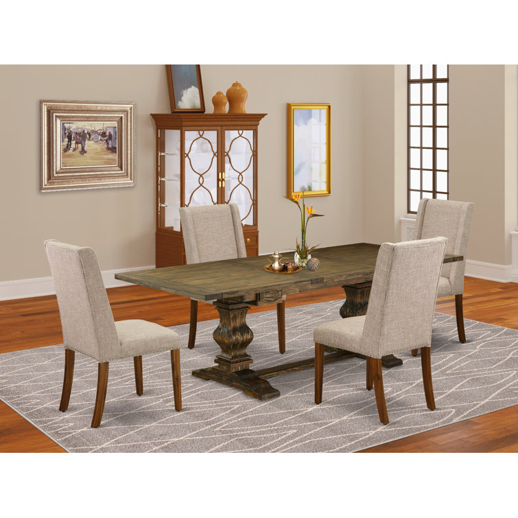 Distressed Jacobean Acacia Wood Dining Set with Light Tan Linen Chairs