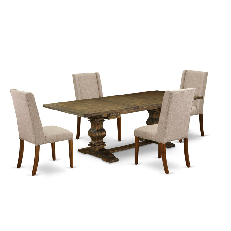 Distressed Jacobean Acacia Wood Dining Set with Light Tan Linen Chairs