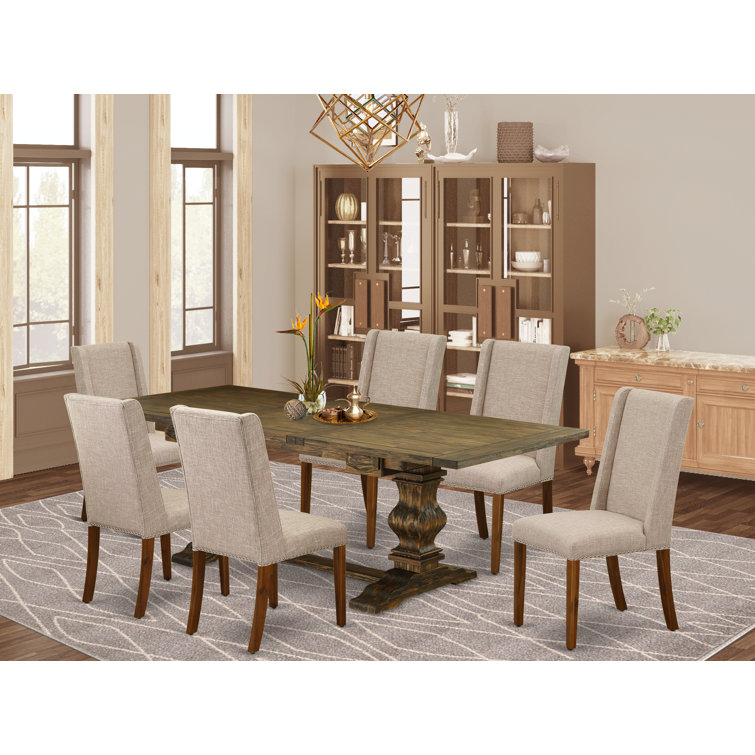 Distressed Jacobean Acacia Wood Dining Set with Light Tan Linen Chairs