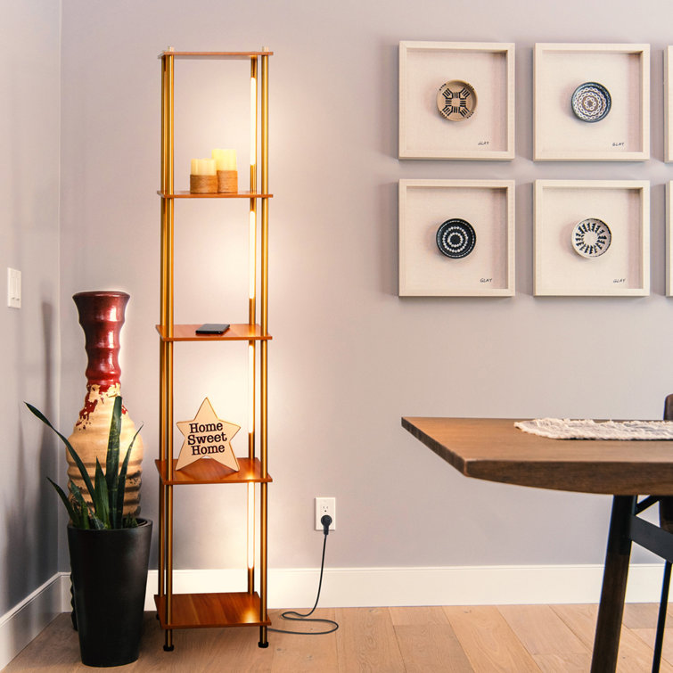 Aria Brass Finish LED Floor Lamp with Wireless Charging & Adjustable Shelves