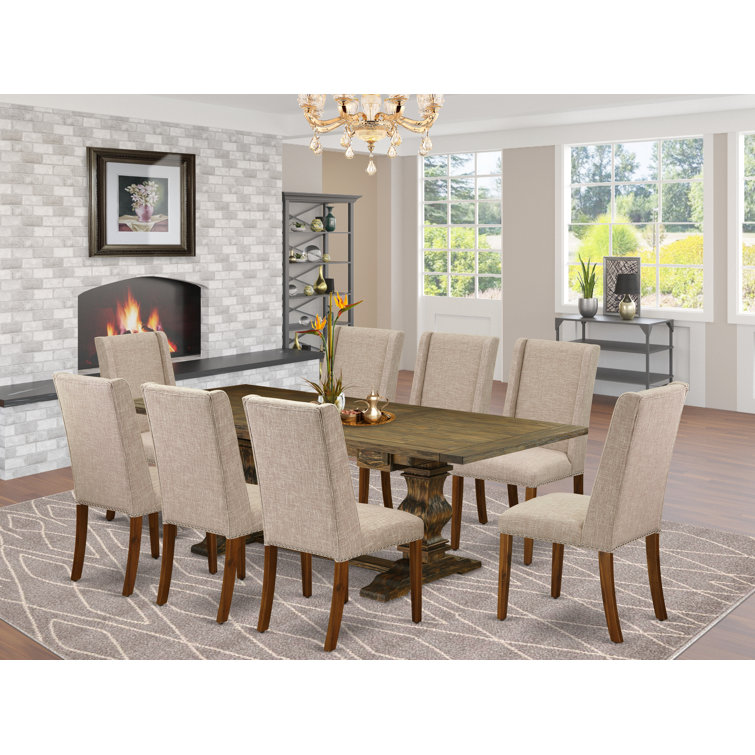 Distressed Jacobean Acacia Wood Dining Set with Light Tan Linen Chairs