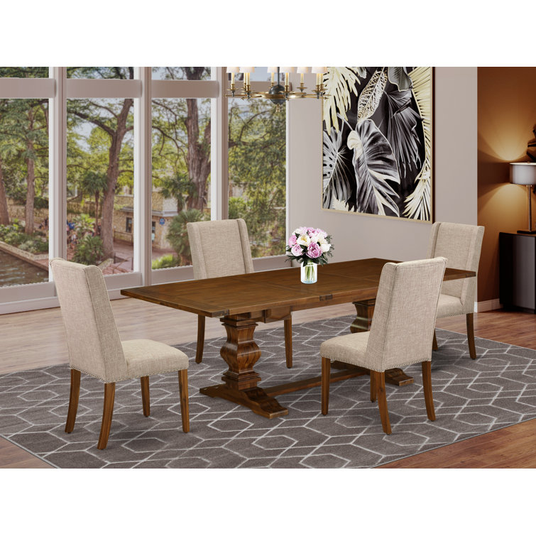 Antique Walnut Rectangular Dining Set with Light Tan Linen Chairs