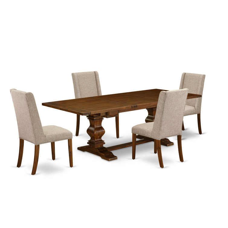 Antique Walnut Rectangular Dining Set with Light Tan Linen Chairs