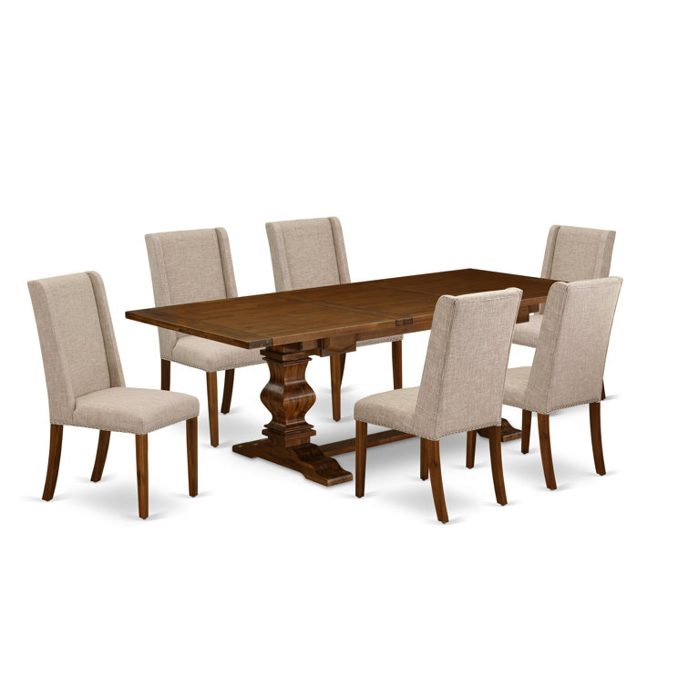 Antique Walnut Rectangular Dining Set with Light Tan Linen Chairs
