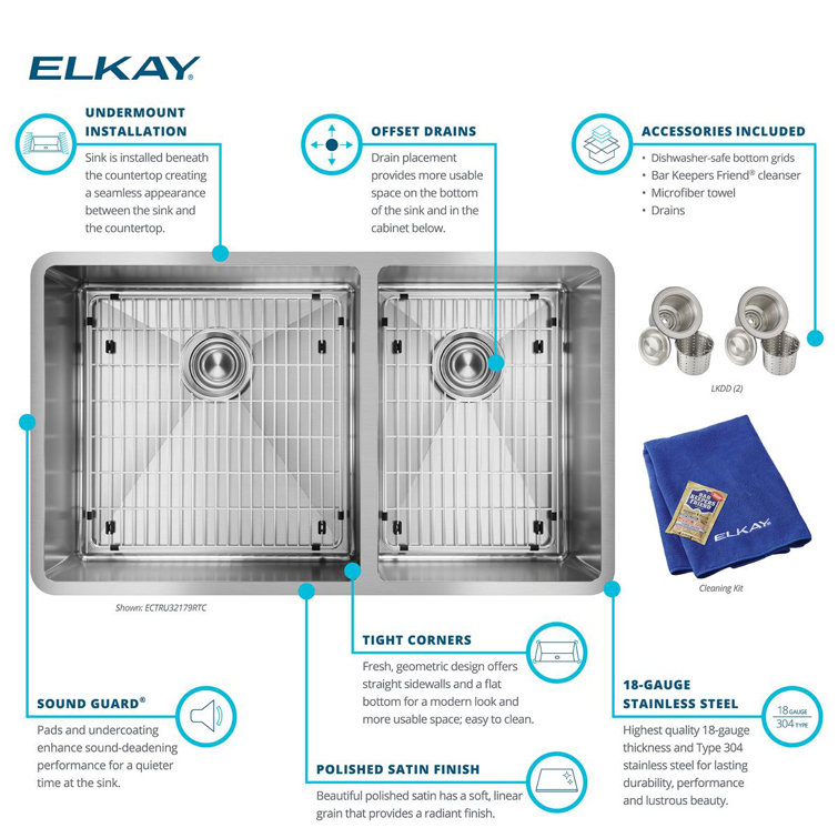 Elkay 31.5" Polished Satin Stainless Steel Double Bowl Undermount Sink