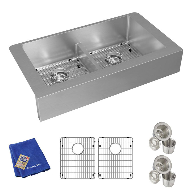 Elkay Crosstown 36" Satin Stainless Steel Double Bowl Farmhouse Sink Kit