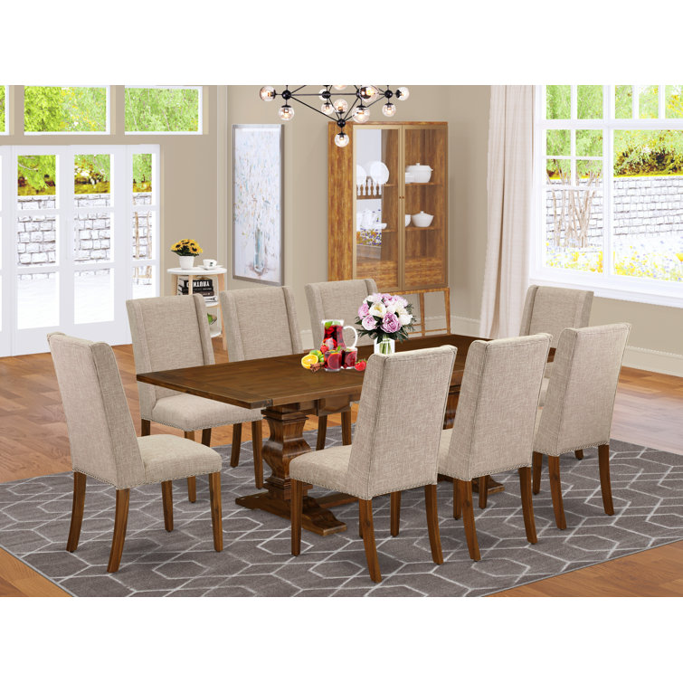 Antique Walnut Rectangular Dining Set with Light Tan Linen Chairs