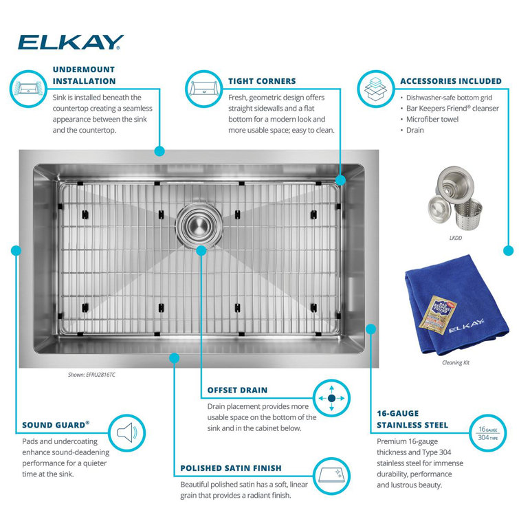 Elkay Crosstown 16 Gauge Stainless Steel Single Bowl Undermount Sink Kit