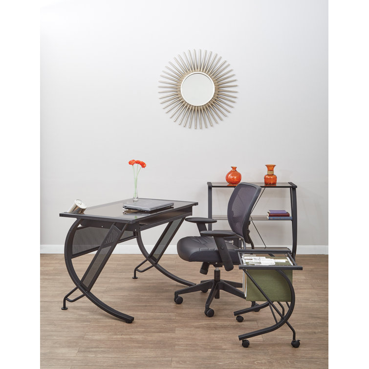 Black Steel Computer Desk with Keyboard Tray and Filing Cabinet