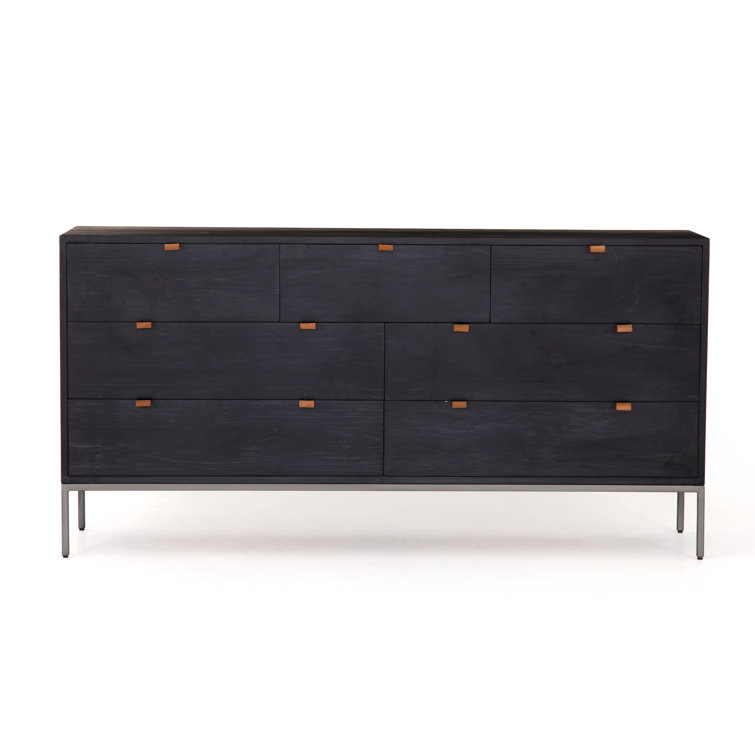 Mid-Century Modern Black 7-Drawer Dresser with Leather Pulls