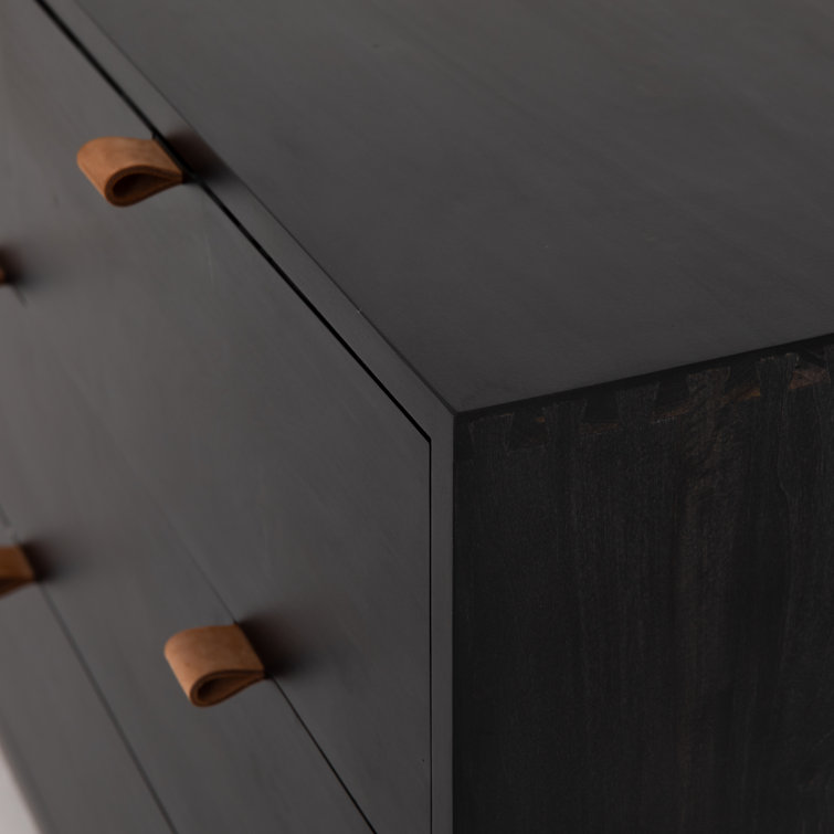 Mid-Century Modern Black 7-Drawer Dresser with Leather Pulls