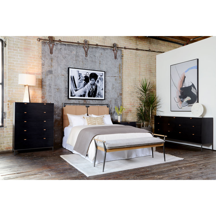 Mid-Century Modern Black 7-Drawer Dresser with Leather Pulls