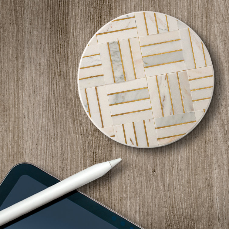 Gray and White Chevron Ceramic Round Coaster Set