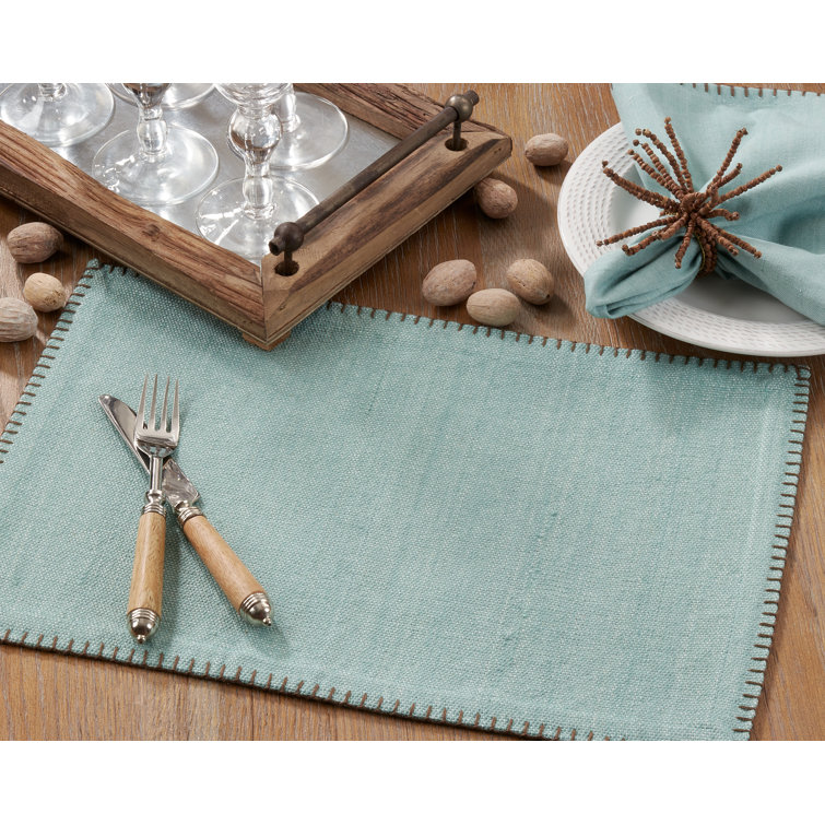 Aqua Cotton Whip Stitched Design Rectangular Placemats, Set of 4