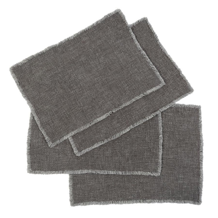 Charcoal Linen Blend Fringe Rectangle Placemats (Set of 4)