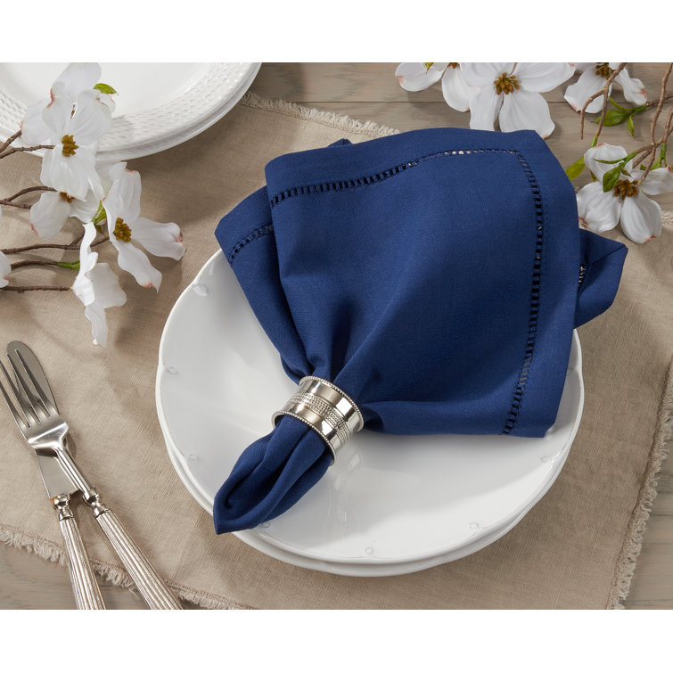 Navy Blue Hemstitched Linen Dinner Napkins, Set of 12
