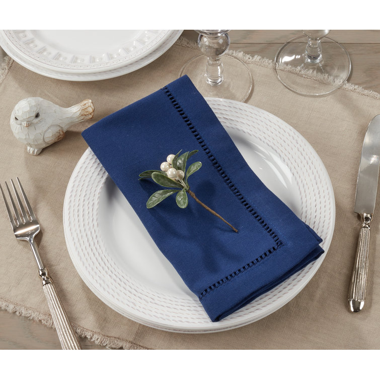 Navy Blue Hemstitched Linen Dinner Napkins, Set of 12