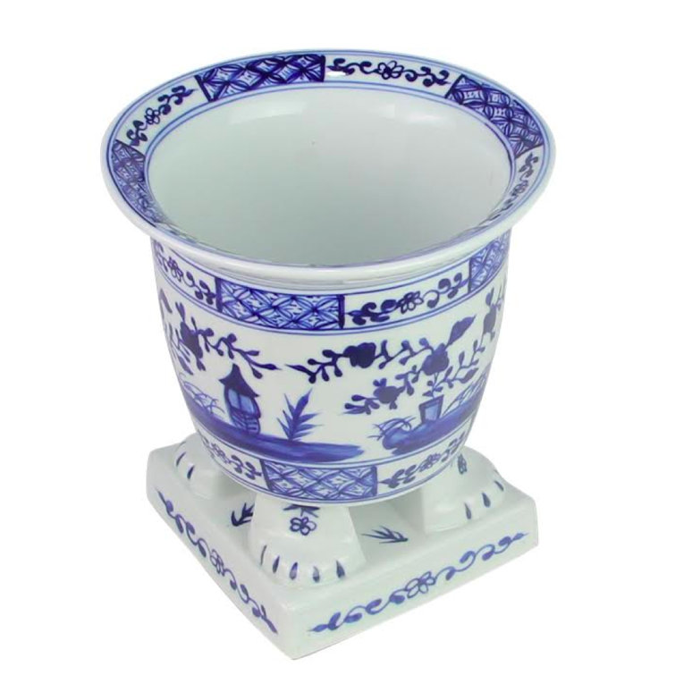 Hand-Painted Dark Blue Ceramic Footed Planter